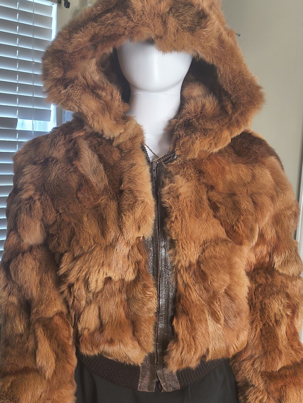 Vintage OPERA Genuine Rabbit Fur Hooded Bomber Jacket Brown L